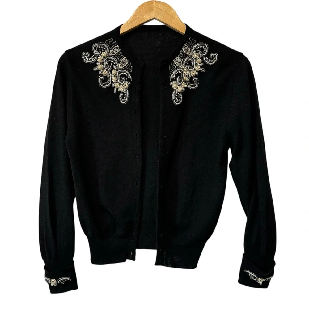 Vintage 50s Hand Beaded‎ Cardigan Sweater Black Wool Couture Womens Small Read
